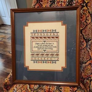 Vtg Cross Stitch Wall Art Solid Wood Frame 15x17"Cottagecore Home Teacher Quote